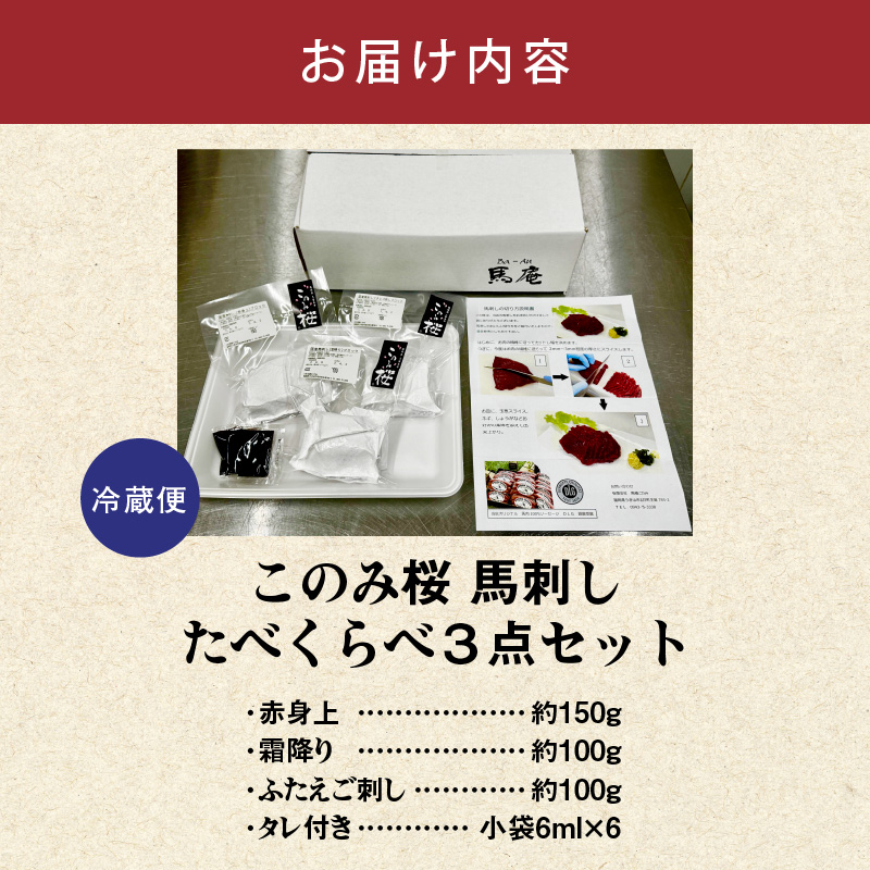 このみ桜たべくらべ３点セット_このみ桜 馬刺し 選べる セット内容 食べ比べ 3点 セット ほんのり 甘い 赤身 上赤身 霜降り バラ肉 希少部位 ふたえご 馬肉 生肉 刺身 冷蔵 お取り寄せ 福岡県