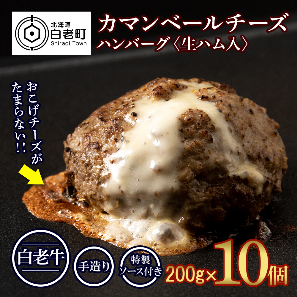 北海道産 白老牛 カマンベールチーズハンバーグ 10個セット 冷凍 チーズ イン ハンバーグ