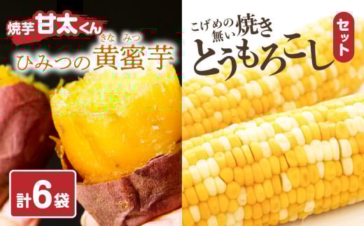 焼芋「甘太くん」ひみつの黄蜜芋 3袋＋こげめの無い焼きとうもろこし 3袋 計6袋セット 紅はるか 大分県産 さつまいも スイーツ 小分け おやつ 甘い お取り寄せ バイカラーコーン 香ばしい 自然解凍 F01006