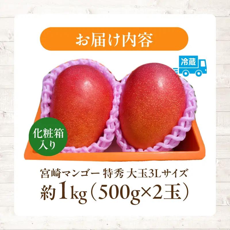 マンゴー 宮崎 完熟 特秀 3L 2玉 マンゴー[約1kg 化粧箱入り]