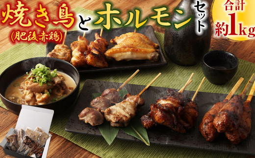 
焼き鳥 (肥後赤鶏) ６本×2(約500g) と ホルモン 約250g×2パック 合計約1kg セット 焼鳥 やきとり ヤキトリ 鶏 豚
