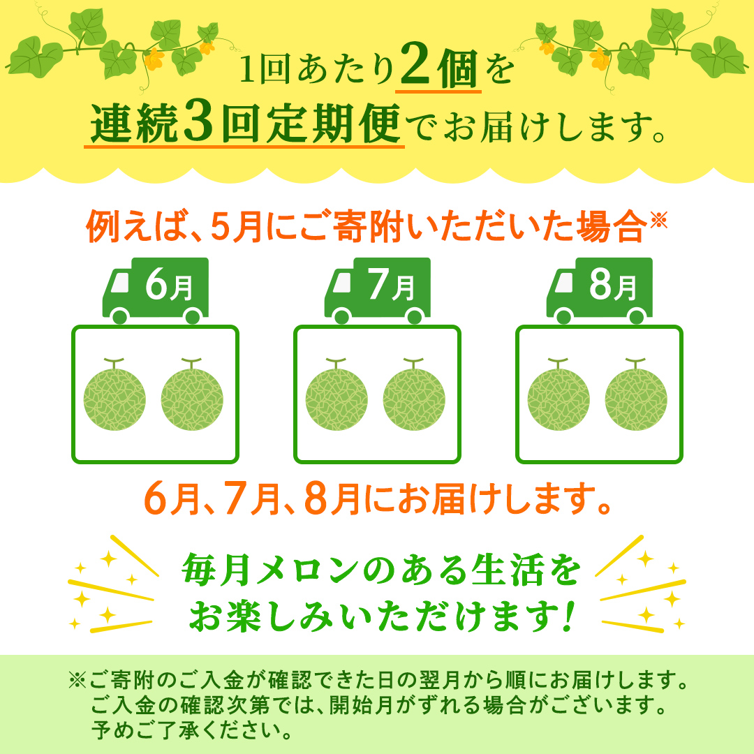 【定期便】 赤肉アールスメロン 2玉 × 3か月連続 赤肉 高糖