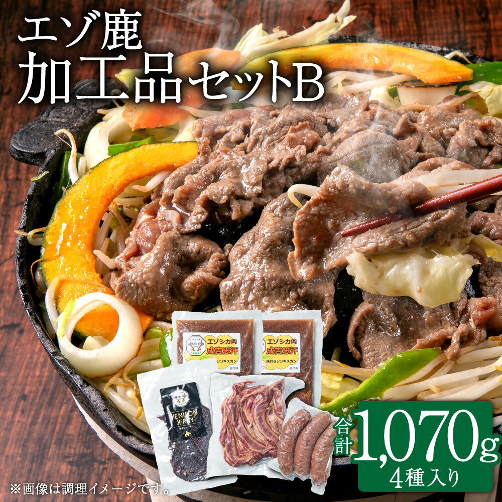 【ふるさと納税】エゾ鹿 加工品セットB ジンギスカン ベーコン ソーセージ ジャーキー ジビエ 合計1,070g 4種入り 鹿肉 お肉 肉 パック 冷凍 バーベキュー BBQ 味付け 味付き肉 北海道 北広島市加工 送料無料