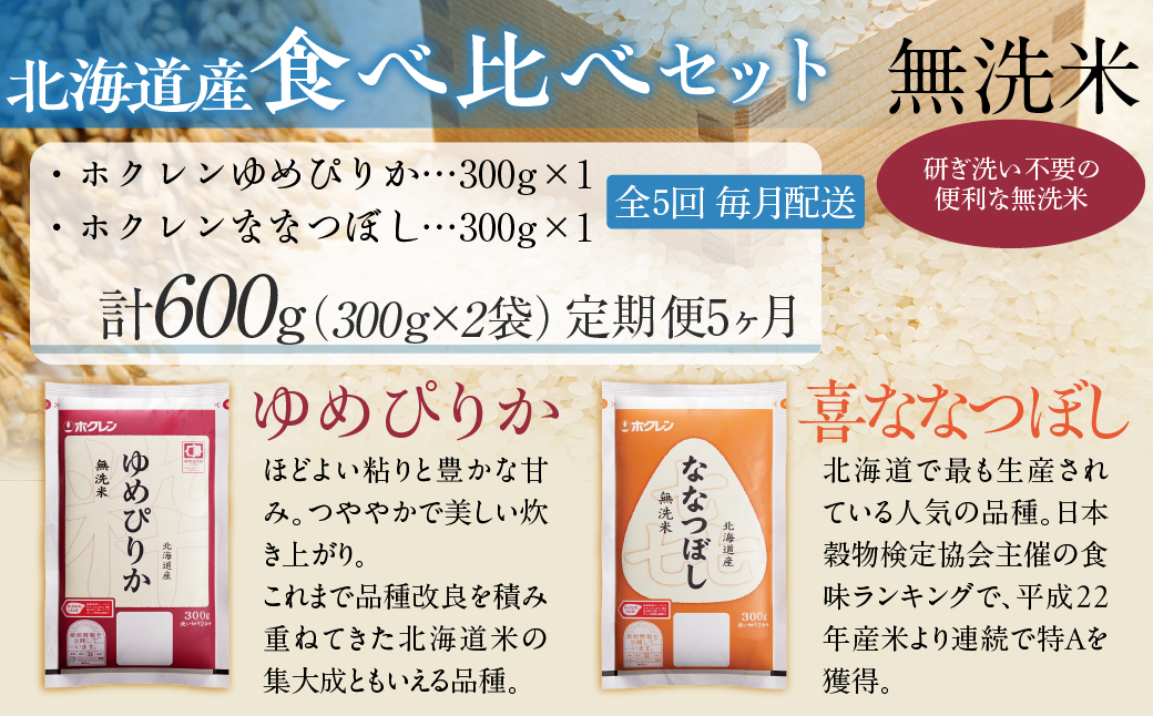 【５ヶ月定期配送】（無洗米６００ｇ）食べ比べセット（ゆめぴりか、ななつぼし） MKWAI162