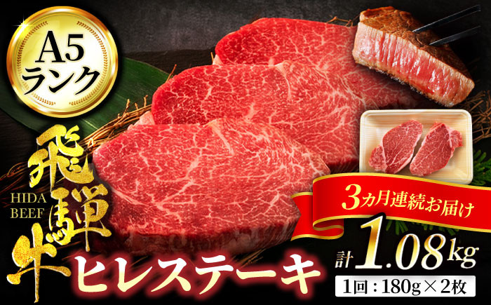 
            【3回定期便】＜高級A5ランク＞ 飛騨牛 ヒレ ステーキ 180g×2枚【有限会社マルゴー】ヒレ肉 和牛 霜降り [MBE008]
          