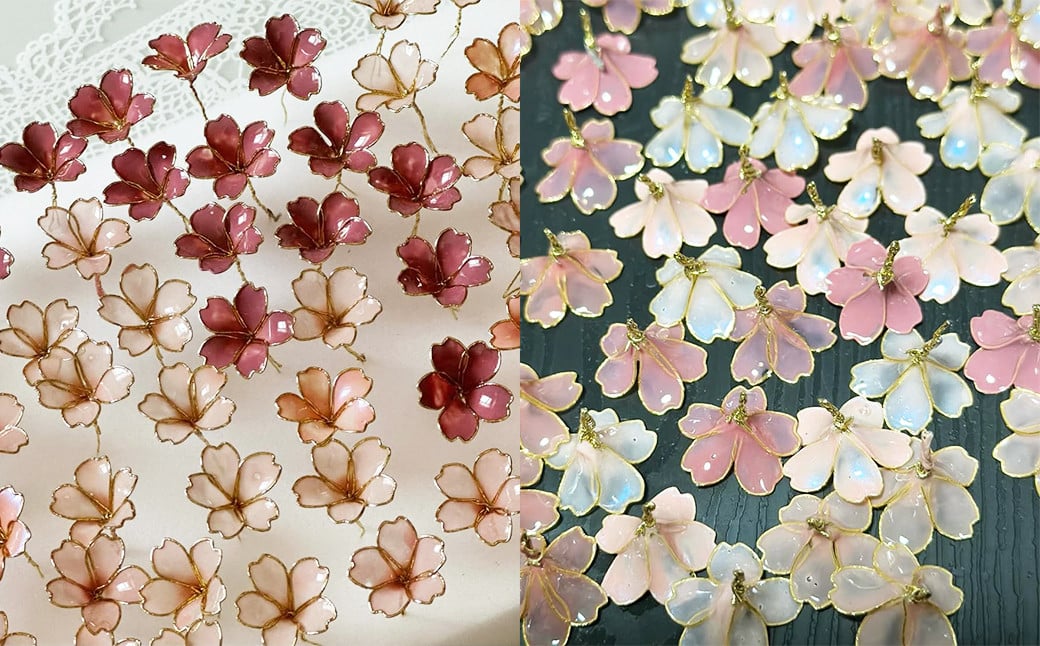 ワイヤーを成型し、ディップ液で花びらを作り色付け。一つのお花を仕上げるだけでも、繊細で大変多くの時間を要します。