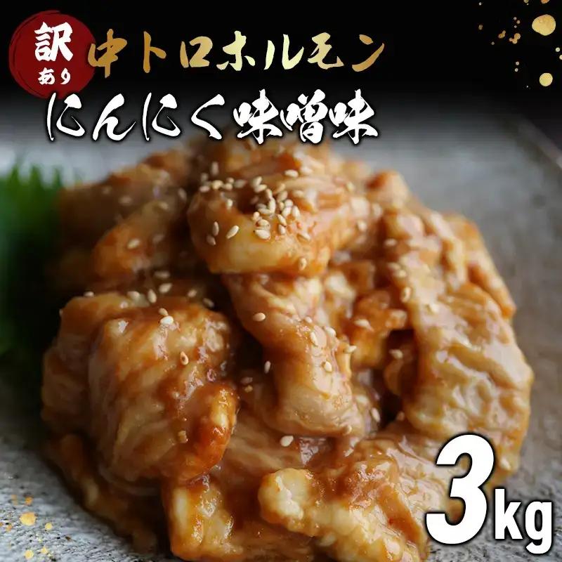 【 訳あり 】 中トロ ホルモン 3kg(250g×12) にんにく 味噌味 焼肉 ホルモン焼き 不揃い シマ腸  シマチョウ 小腸 おつまみ 味噌 味付 小分け 冷凍 牛 内臓 肉