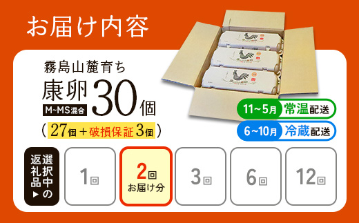 卵【2回定期便】霧島山麓育ち こだわり卵 康卵 計 30個（27個 + 割れ保証 3個）2回 計 60個（54個 + 割れ保証 6個）たまご 玉子 卵焼き 玉子焼き たまご焼き 生卵 鶏卵 たまごかけごはん 国産 九州産 宮崎県産 送料無料