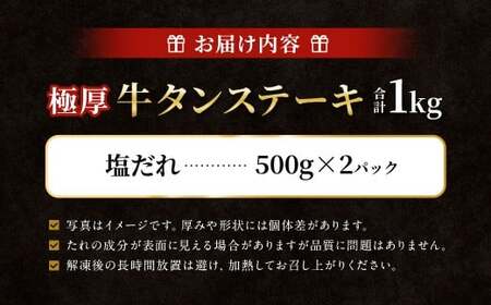  極厚牛タンステーキ 1kg （500g×2パック） 塩だれ × 塩だれ 