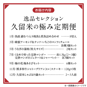【定期便 7回】逸品セレクション　久留米の極（きわみ）定期便 _ 定期便 7回 魚政 焼魚 煮魚 蜂蜜アーモンド ナッツ いちご コンフィチュール うなぎ 蒲焼 マンゴー ジェラート シャーベット 梅