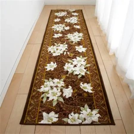 日本製 廊下カーペット 80cm×180cm 【ユリ柄】 滑り止め加工 (ブラウン)【1264587】