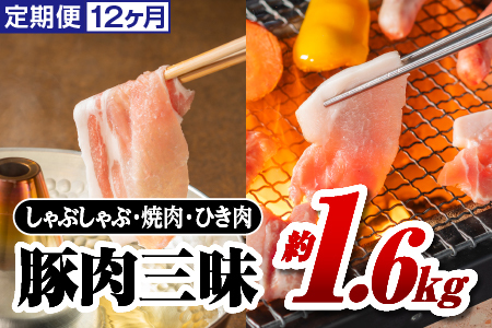 【定期便12ヶ月】まる姫ポーク 豚肉三昧約1.6kg 計約19.2kg｜豚肉 肉 豚バラ肉 バラ肉 挽肉 ミンチ 切り落とし 焼き肉 しゃぶしゃぶ 国産 定期便 小分け パック AK-7