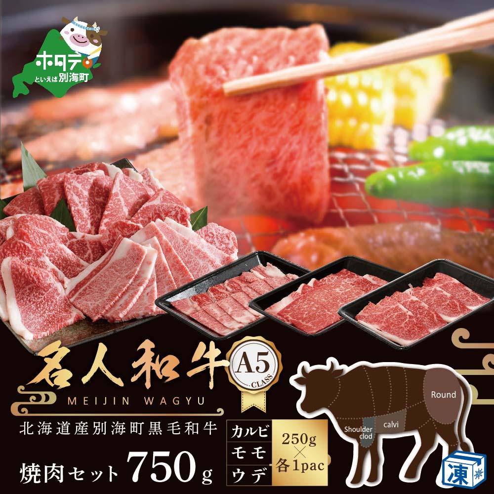 【ふるさと納税】 A5 黒毛和牛 焼肉セット 750g 北海道 別海町産「名人和牛」 A5クラス 焼肉用 3種( 250g×各1P ウデ、モモ、カルビ ）（ ふるさと納税 焼肉 焼き肉 やきにく 焼肉セット 焼き肉セット 国産 国産牛 盛り合わせ 食べ比べ 牛肉 和牛 牛 ふるさと ）