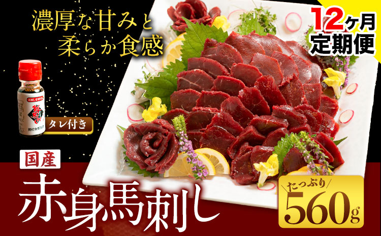 【12ヶ月定期便】国産赤身馬刺し 約560g 馬刺しのたれ付き 千興ファーム 馬肉 冷凍 《申込みの翌月から発送》 新鮮 さばきたて 真空パック ミシュラン 生食用 肉 菅乃屋 熊本県御船町 特産品