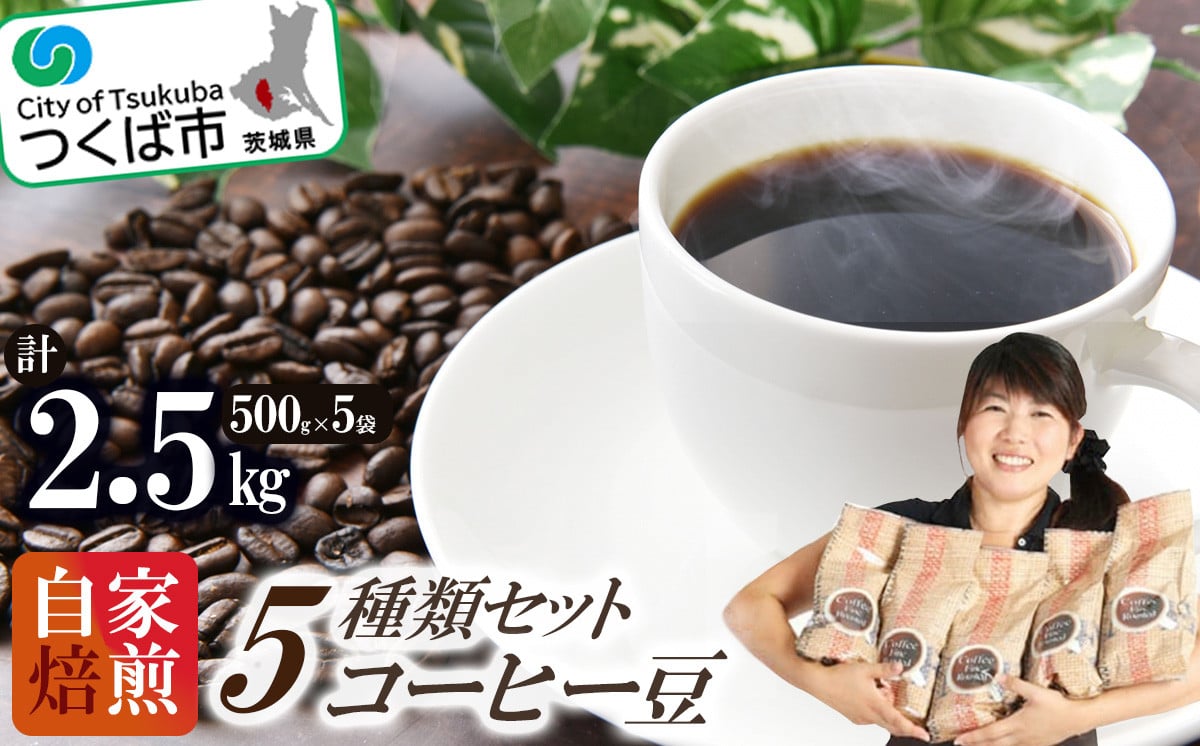 
                  自家焙煎珈琲豆 コーヒー豆 5種類セット 500g × 5袋 計2500g │ coffee 飲み比べ  珈琲 コーヒーセット ブレンド お取り寄せ ギフト 茨城県 つくば市
                