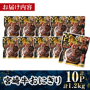 ＜2週間以内発送！＞ 宮崎牛 おにぎり (計1.2kg・120g×10P) 牛肉 ブランド牛 お弁当 レンジアップ 小分け 湯煎 個包装 おつまみ レトルト 常温 保存 ご当地 簡単調理【AP-79】