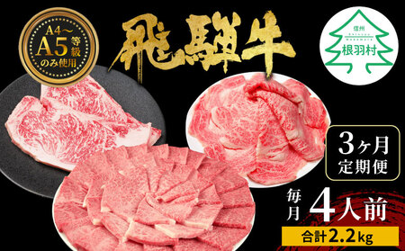 飛騨牛 定期便 全3回 計2.2kg 4人前 すき焼き しゃぶしゃぶ ステーキ 焼肉 BBQ ロース カタロース ロースステーキ サーロインステーキ モモ カタ 贅沢 贈り物 3ヶ月 定期 おすすめ 人気 飛騨 ブランド牛 肉のひぐち