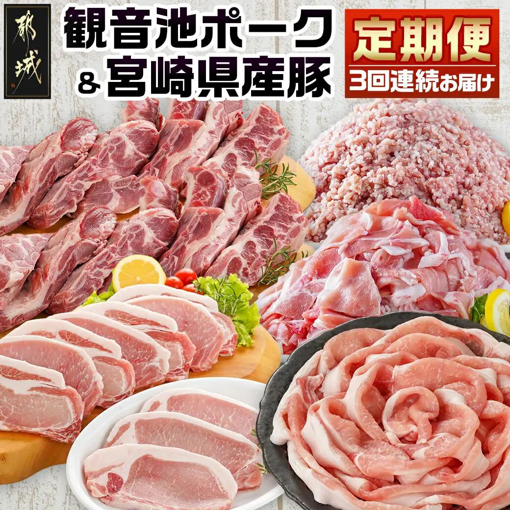 《3回連続お届け》観音池ポーク&宮崎県産豚定期便〔T45-3-9201〕_(都城市) 都城産 観音池ポーク ロースしゃぶしゃぶ肉 肩ロースしゃぶしゃぶ肉 真空パック しゃぶしゃぶ用 ブランドポーク ミンチ スペアリブ とんかつ