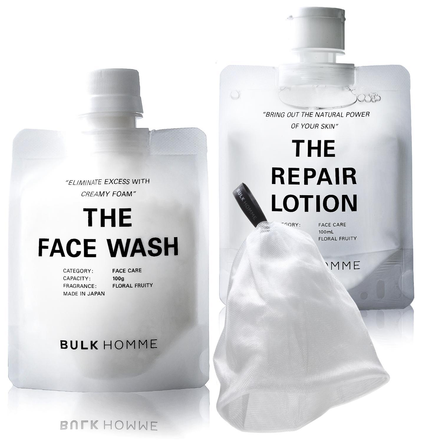 
            023-002　【BULK HOMME　バルクオム】FACE CARE 2STEP＋ネットセット（THE FACE WASH、THEREPAIR LOTION、THE BUBBLE NET） フェイスケア 洗顔料化粧⽔ 泡⽴てネット付き
          