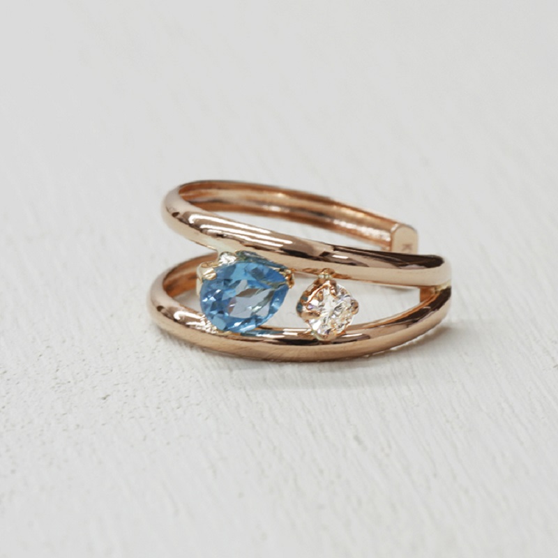 K18PG/YG ブルートパーズ/ダイヤモンド 手作り イヤーカフ ジュエリー 03188