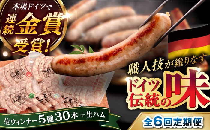 【全6回定期便】本場ドイツで連続金賞受賞！ 生ウインナー 5種 30本 + 生ハム 《糸島》【糸島手造りハム】 [AAC011] 贈り物 のし対応 BBQ キャンプ アウトドア ソーセージ 生ハム 詰め合わせ