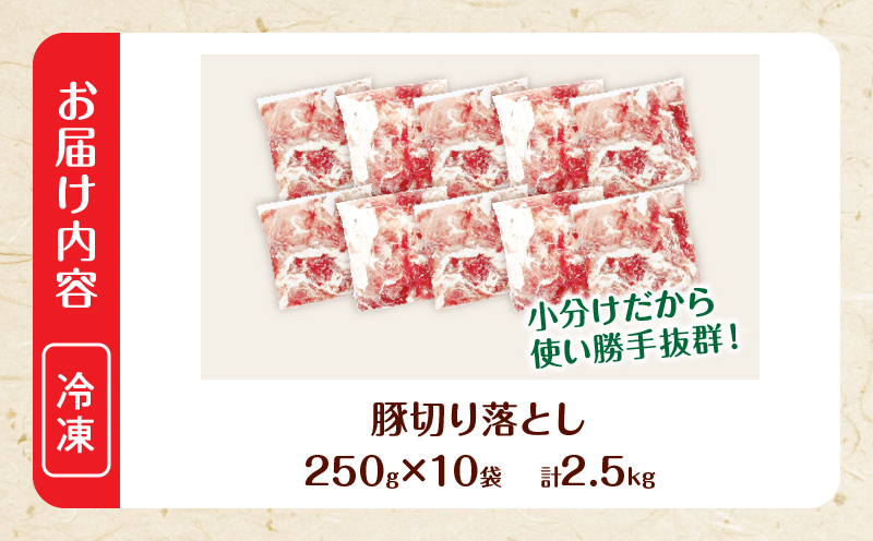 大人気 生冷凍 厳選 豚切り落とし 計2.5kg 国産 食品 豚肉 ぶた ポーク 小分け 個包装 真空パック 便利 大容量 生姜焼き 野菜炒め 豚汁 肉じゃが 豚丼 お弁当 おかず 晩ご飯 おすすめ 使い切りサイズ 万能食材 おすそ分け 宮崎県 日南市 送料無料_BD123-26-2W