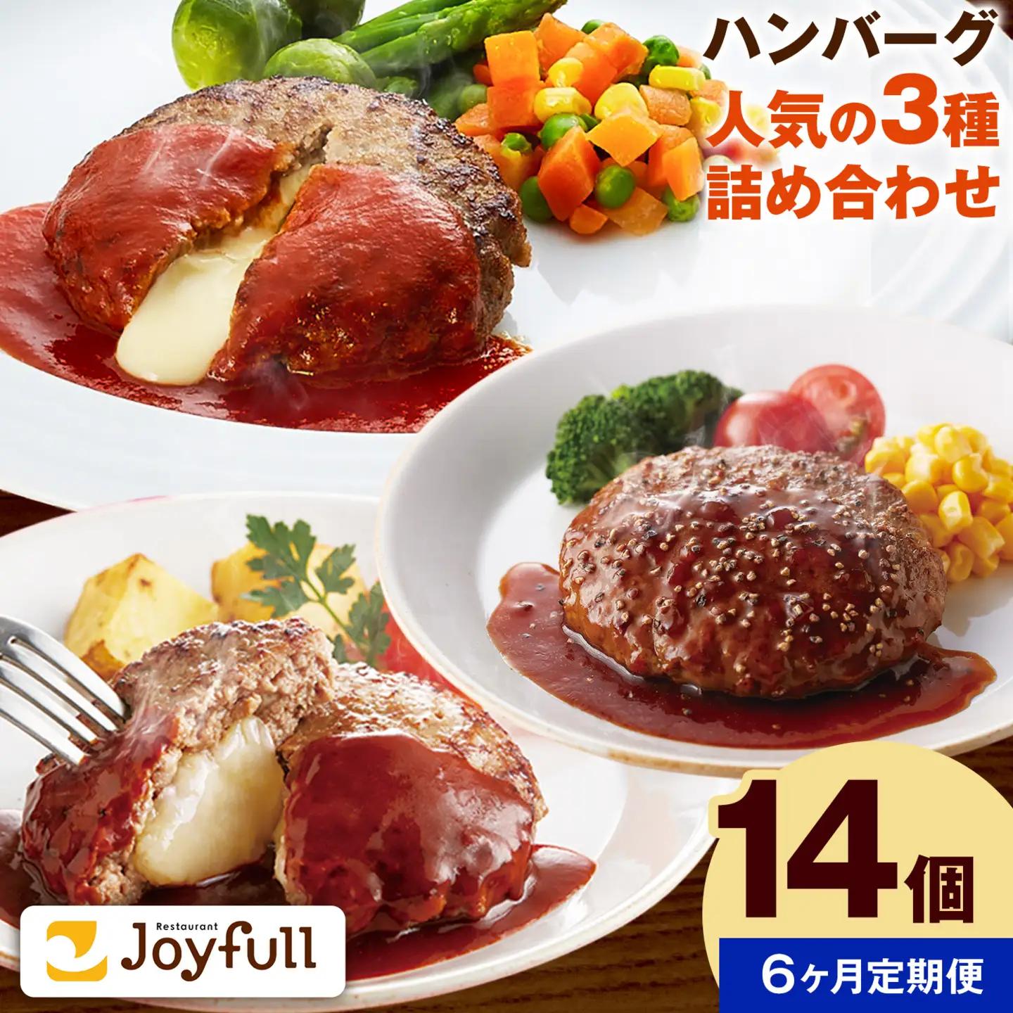 【6ヶ月定期便】ジョイフルハンバーグ 人気の詰め合わせ 14個 ソース付き 食べ比べ 3種類 セット