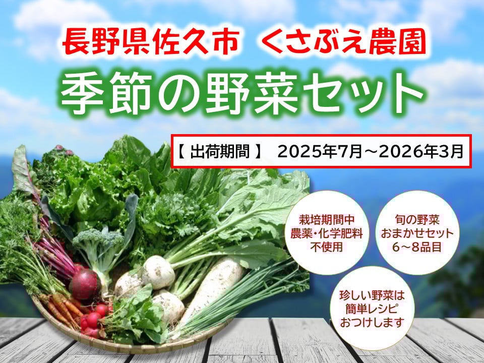 
            くさぶえ農園『季節の野菜6～8品目セット』（2025年7月～2026年3月出荷／北海道・沖縄・離島は配送不可）高原 無農薬 産地直送 新鮮 旬彩 簡単レシピ 先行予約【 産直 高原野菜 季節の野菜 旬の野菜 有機野菜 有機栽培 農薬 化学肥料 不使用 佐久市 】
          
