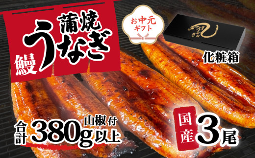 【 お中元熨斗つき 】【化粧箱入り】国産うなぎ 蒲焼き 3尾 セット ( 380g ) 大きさ の不揃い 山椒付き ウナギ 鰻 ふぞろい 不揃い うな重 ひつまぶし 人気 茨城 八千代町 ふるさと納税 冷凍 お中元 中元 熨斗 ギフト プレゼント 化粧箱入り