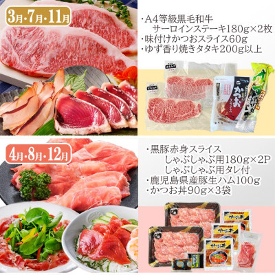 定期便(4回配送)A5・A4等級黒毛和牛＆黒豚・かつお・さつまあげ NN-0040【配送不可地域：離島】