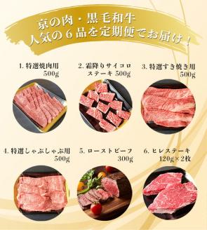 訳あり 京都府産黒毛和牛(A4・A5)人気部位 6回定期便 【焼肉・すき焼き・ステーキ2種・しゃぶしゃぶ・ローストビーフ 計2.54kg】 京の肉 ひら山 味わいづくし ≪定期便 牛肉 京都丹波産≫