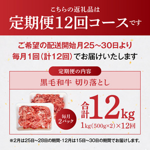 S001-001-T12A_【定期便12回】A4～A5等級 黒毛和牛 切り落とし1kg（500g×2P）12か月連続お届け / 【定期便】 12回 ミシュランビブグルマン 獲得 切り落とし 500g 