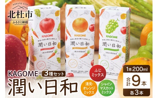 カゴメ 潤い日和（9本）　清見・オレンジミックス シャインマスカットミックス ふじミックス 200ml 紙パック 3種セット 飲料 KAGOME 飲料  ギフト