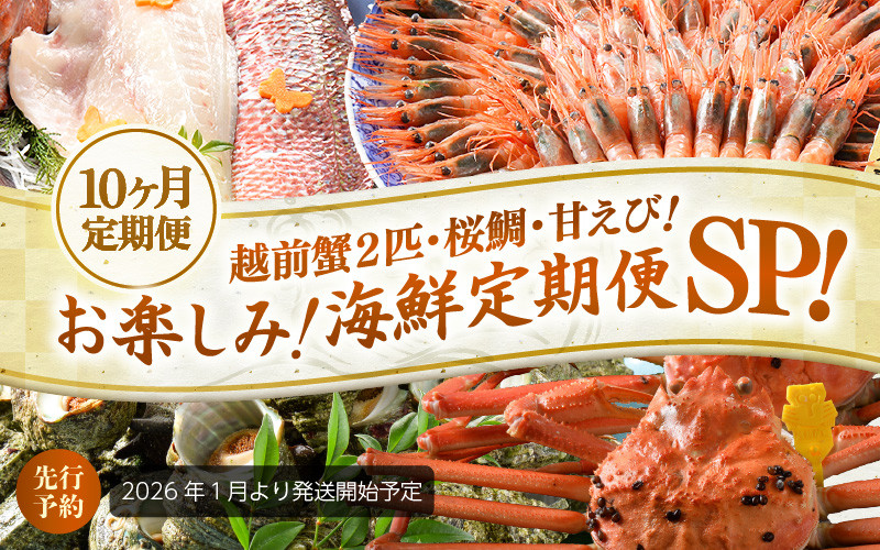 
            【先行予約】【1月から10ヶ月お届け】≪茹で≫越前蟹2匹・桜鯛・甘えび！お楽しみ！海鮮定期便SP！【2026年1月より発送開始予定】[Q-1602]
          