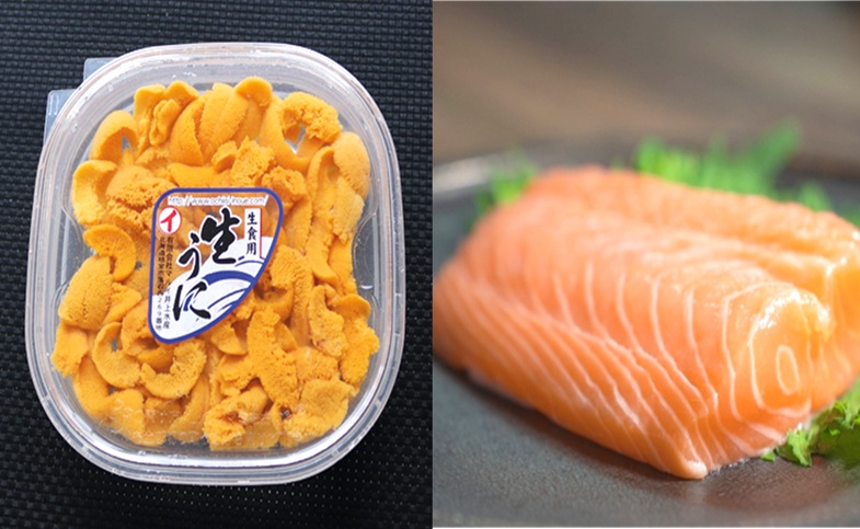 エゾバフンウニ塩水パック150g×1P、お刺身サーモン300g～500g(1～3本)[11月下旬以降発送] E-40032