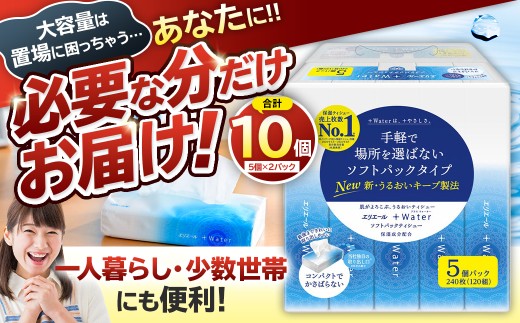 エリエール +Water（プラスウォーター）ソフトパックティシュー　120W5P×2パック 【 ソフトパックティッシュ ティッシュ ソフトパック ティッシュペーパー 箱なし 日用品 新生活 備蓄 防災 消耗品 生活雑貨 生活用品 パルプ100％ 】