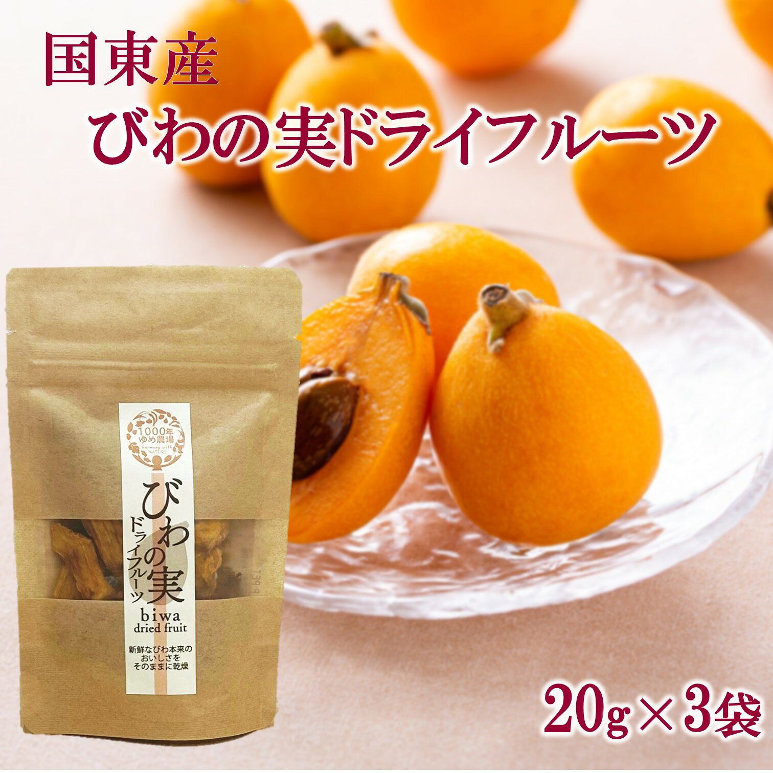 【ふるさと納税】国東産「びわの実ドライフルーツ」砂糖不使用 20g×3袋