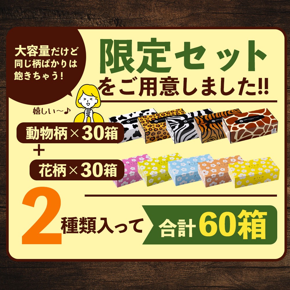 MH140-0162_【ふるさと納税】 ティッシュペーパー 60箱「 大容量 プラムファッション＆ANIMAL BOXティッシュ 限定セット 各柄30箱×2 (1箱150組) 」 [ ティッシュ 常備