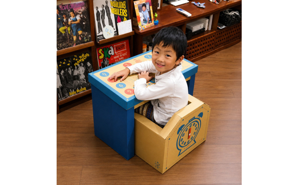 成長に合わせて使える段ボール家具　ジュニアデスクチェア&おうち型収納ボックス◇【青色セット】