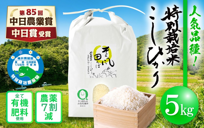 
                  【中日賞受賞】特別栽培米 コシヒカリ 5kg 福井県産米（有機肥料100% 農薬7割減）「そよ風田んぼ」【人気品種 田んぼの天使 】 [e10-a019]
                