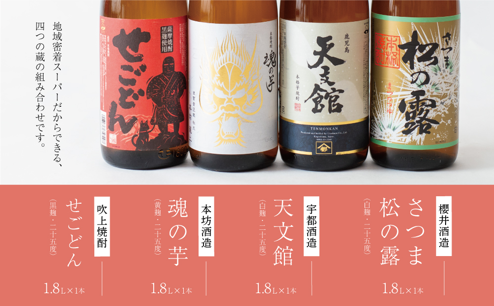 【本格芋焼酎】南さつま厳選芋焼酎1.8L 4本セット（紅） 飲み比べ 家飲み 宅飲み 芋焼酎 お酒 ギフト ご贈答 お湯割り 水割り ロック 南さつま市 プレゼント 記念品