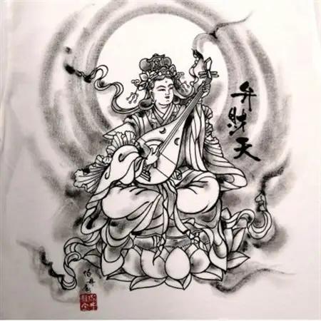 手描きTシャツ 仏画 弁財天 白 (半袖 Lサイズ)【1615617】