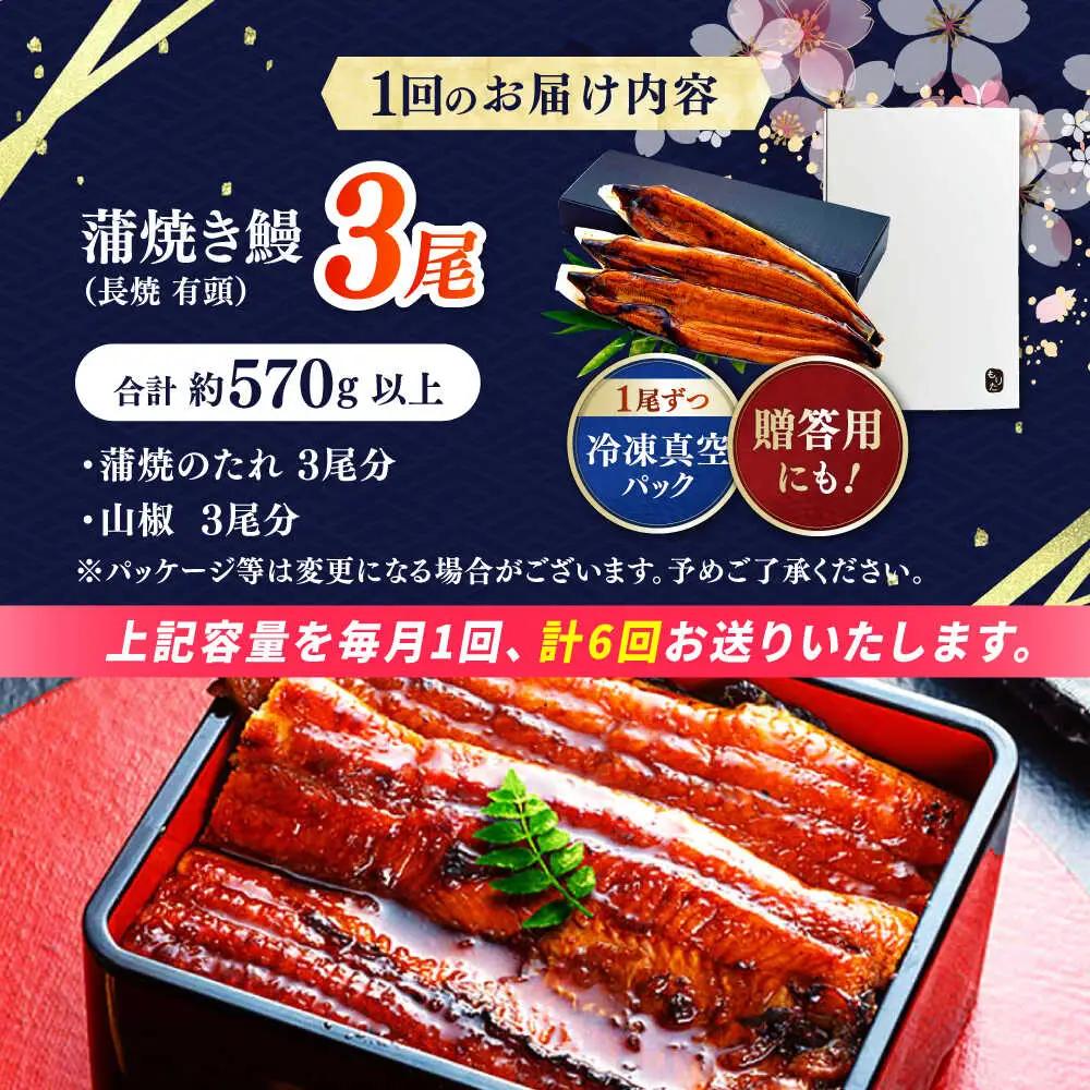 【6回定期便】 極上国産うなぎ四万十桜 蒲焼き3尾 たっぷり大サイズ / 国産 高知 四万十 うなぎ ウナギ 鰻 蒲焼き うな重 惣菜 贅沢 【有限会社もりた】[ATHE010]