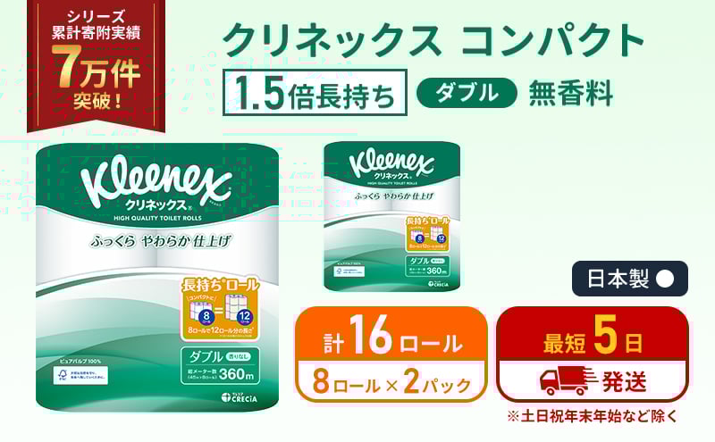 
            トイレットペーパー ダブル 1.5 倍巻き 8ロール入×2パック クリネックス コンパクト 無香料 トイレット ペーパー 節約 日用品 日用雑貨 消耗品 備蓄 備蓄品 備蓄用 防災 防災グッズ 倍巻 宮城 宮城県 岩沼市 [№5704-1048]
          