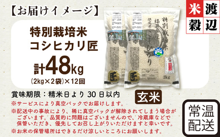 【12ヶ月連続お届け】令和7年産 特別栽培米 コシヒカリ匠 4kg（2kg×2袋）×12回 計48kg節減対象農薬当地比5割減【玄米】お米 コシヒカリ [O-2902_02]