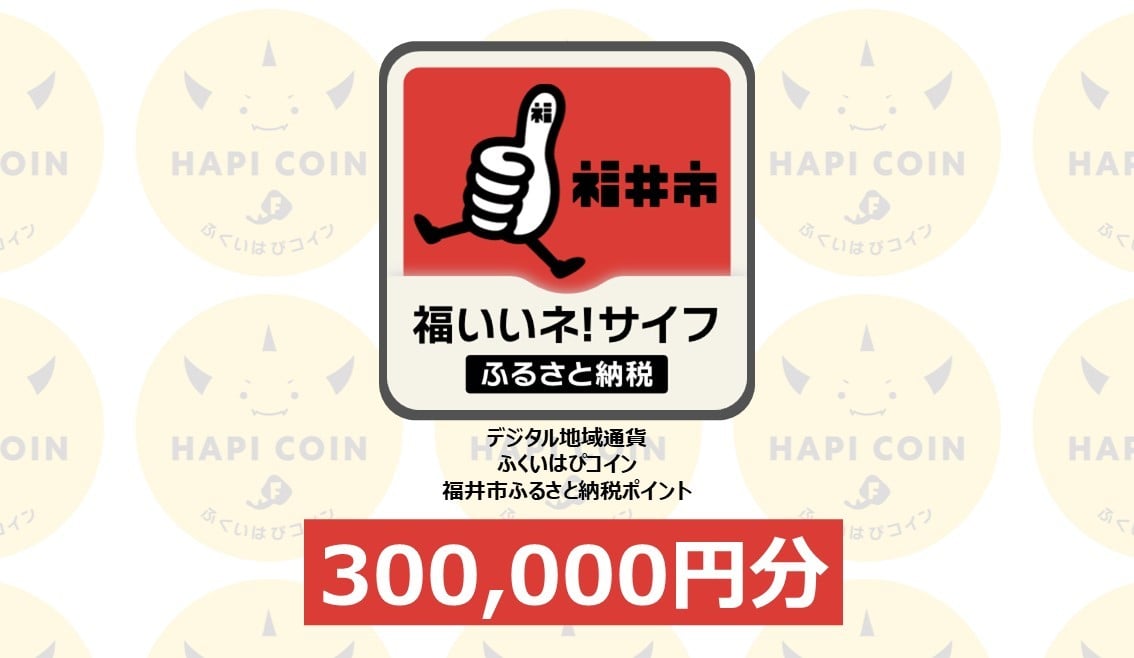 
            「ふくいはぴコイン」福井市ふるさと納税ポイント【300,000円分】 [W-198009] / 選べる金額 デジタル地域通貨 ホテル 観光 レジャー PAY アプリ オンライン キャッシュレス スマホ ポイント スマホ 便利 簡単 デジタル 支払い 地域通貨 送料無料
          