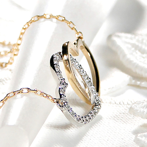 ネックレス PT900 K18YG プラチナ イエローゴールド ダイヤモンド 0.13ct オープンハート コンビ 両吊り ペンダント 18金 レディース ジュエリー【f214-ptyg】 ALPAZ