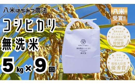 【令和8年産新米予約】【環境大臣賞受賞】【特別賞受賞】 9ヶ月定期便 無洗米 コシヒカリ 5kg×9回 計45kg 農家直送 ほんのり甘い「はちみつ農法」 白米 精米 HACHIBEI 八米 新潟県 米 こめ コメ 新米 新米予約 令和8年度産 10月中旬より順次発送予定 1L15100