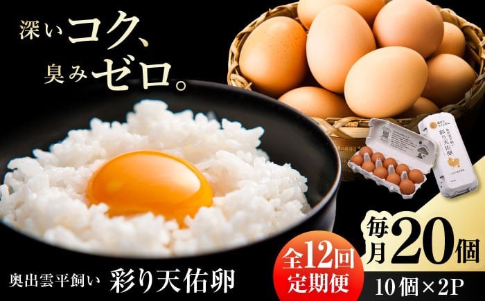 
            卵 【平飼い卵】【全12回定期便】黄身の濃厚なコクと白身の甘み！たたらの里平飼い 彩り天佑卵 20個入り（10個×2P）たまご 卵 放牧卵 玉子 タマゴ 鶏卵 生卵 国産 平飼い 放し飼い 卵焼き 卵かけご飯 朝食 ご褒美 コク 旨み 贅沢 お取り寄せ 毎日食べたい卵 美容 健康 単品 定期便 人気 高評価 ランキング 島根県雲南市/株式会社たなべたたらの里（たなべ森の鶏舎） [AIDL015]
          