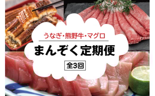 
            【3か月定期便】まんぞく定期便！うなぎ･高級和牛･マグロ　人気返礼品を3回お届け♪【tkb104】
          